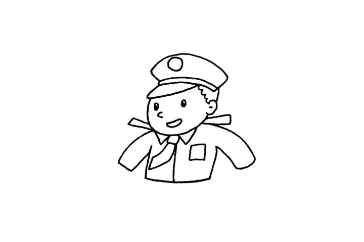 步骤4：接着画警察的上衣。领带和肩章是重点。