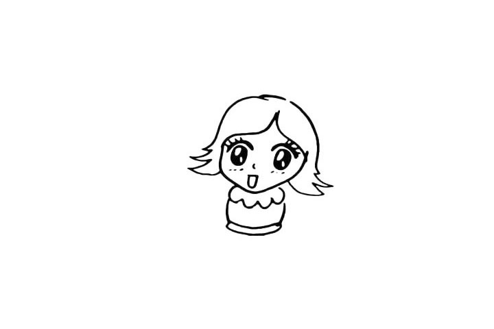 步骤6：然后我们在画出她的裙子.群领用波浪线勾勒出来。