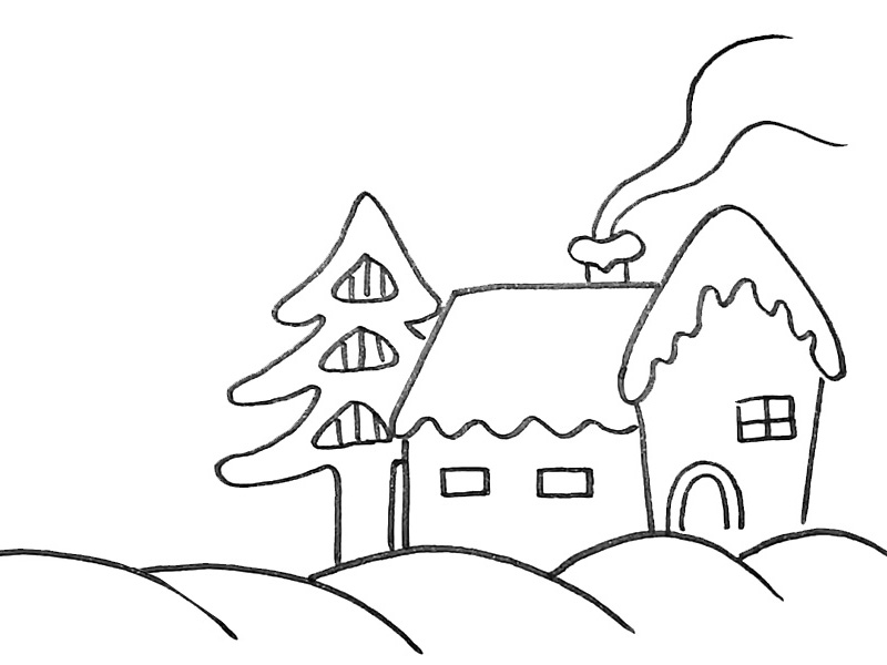 步骤5：屋子旁边画出一颗雪松。