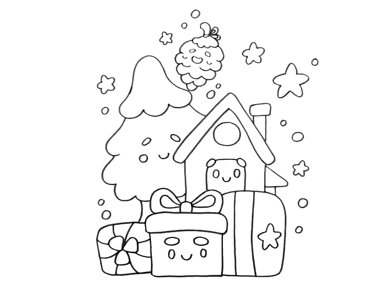 步骤5：接着画一些星星、果子装饰圣诞树。