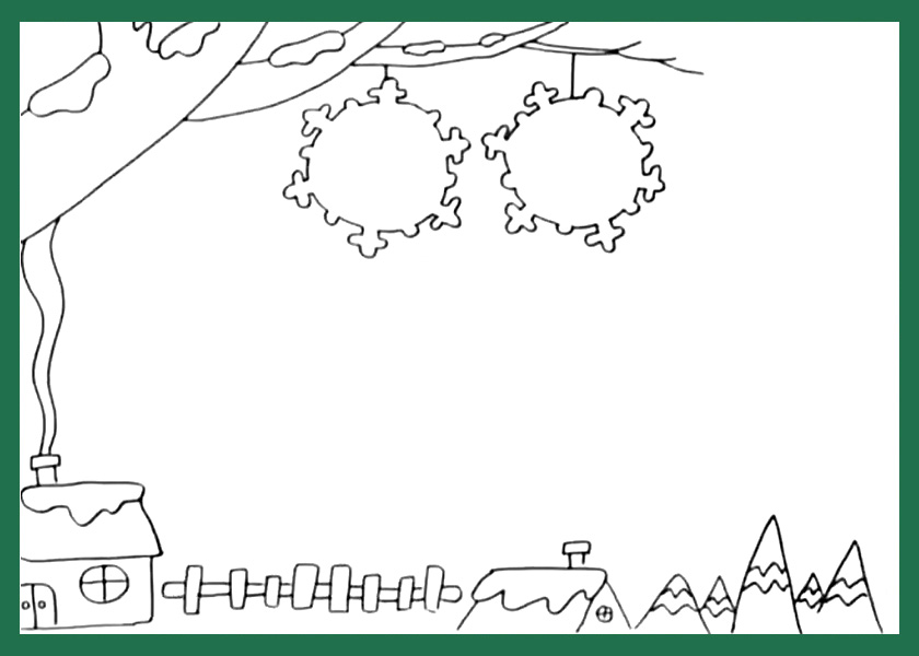 步骤3：手抄报底部画一些房屋、栅栏、雪松等作为装饰。