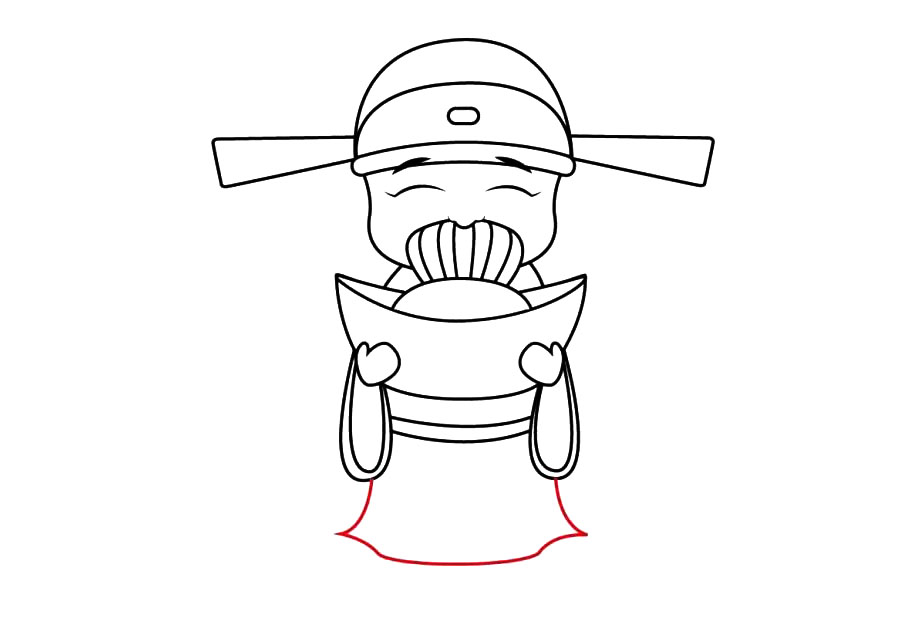 步骤14：线条顺下来，将财神爷的衣服补充完整