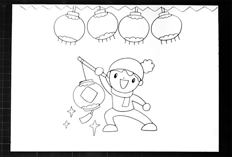 步骤2：在下方画出一个挑着灯笼的小男孩。