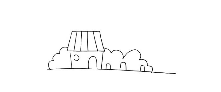 步骤7：在房子的右边画几个类似长方形的形状表示植物的茎。