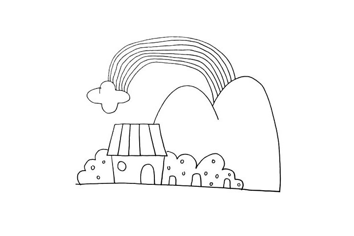 步骤11：在云朵和大山的上方画出一条弯曲的彩虹。