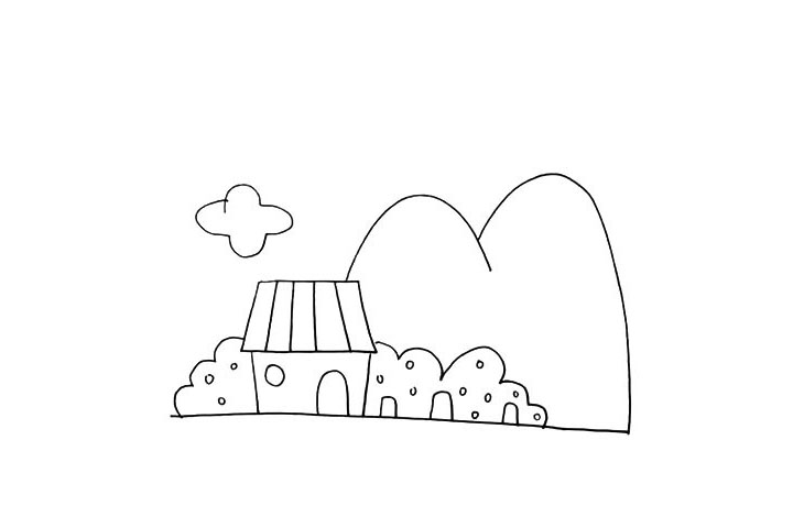 步骤10：接着在屋顶的左上方画出一片朵云。