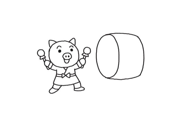 步骤4：在小猪的前面画上一个大鼓。