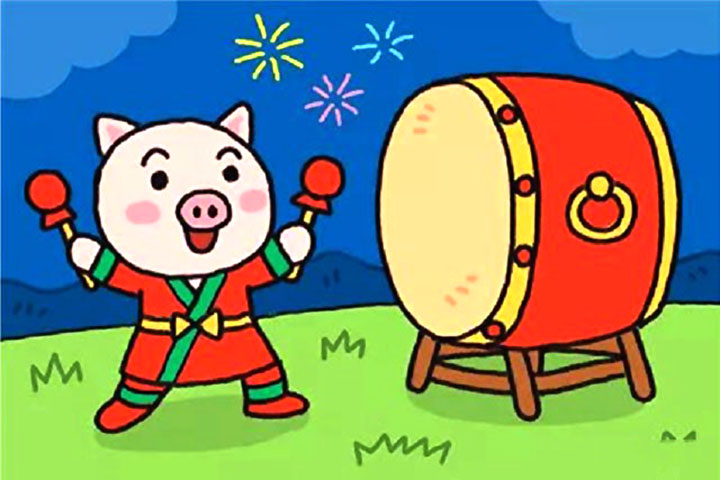 小猪打鼓简笔画画法步骤