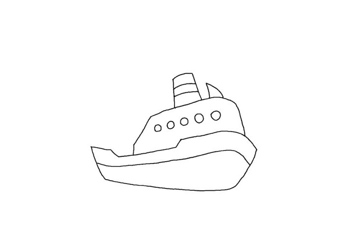 步骤3：梯形的烟囱。加上两条横线。再给轮船加上圆圆的窗户。