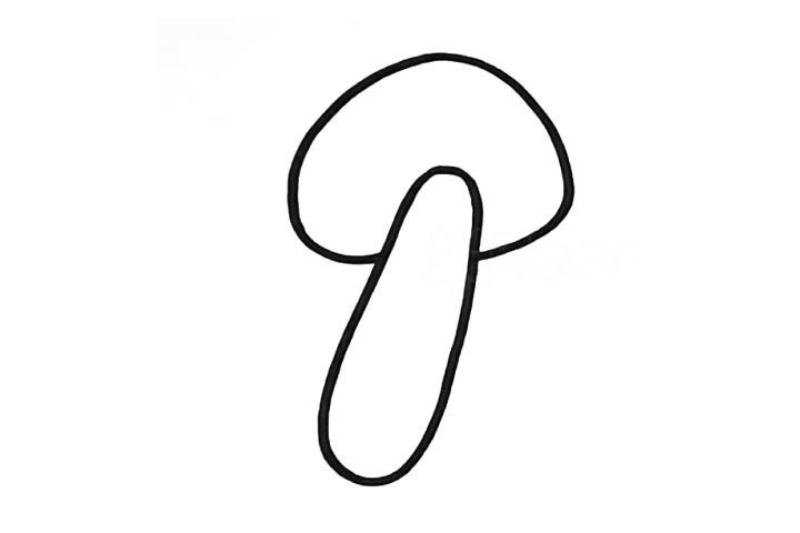 步骤2：在蘑菇柄的顶端画上蘑菇伞.是一个圆边的三角形。