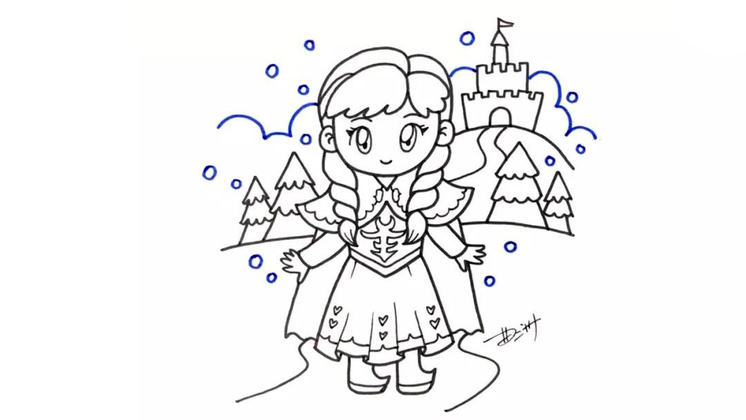 步骤5：背后画出城堡和松树。