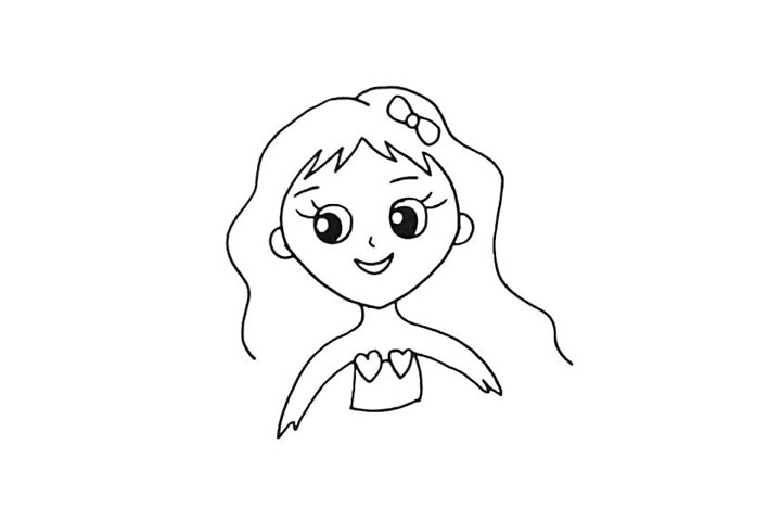 步骤7：画出她小小的身体.胸前还有两颗漂亮的心型。