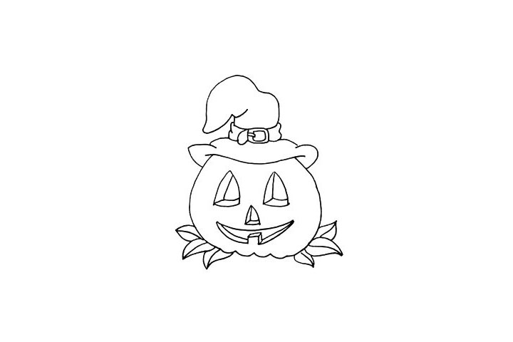 步骤10：在南瓜底部两侧各画上一些叶子。