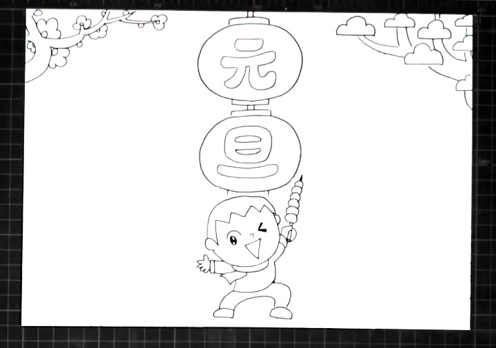 步骤4：灯笼底部画出一个在吃糖葫芦的小男孩。