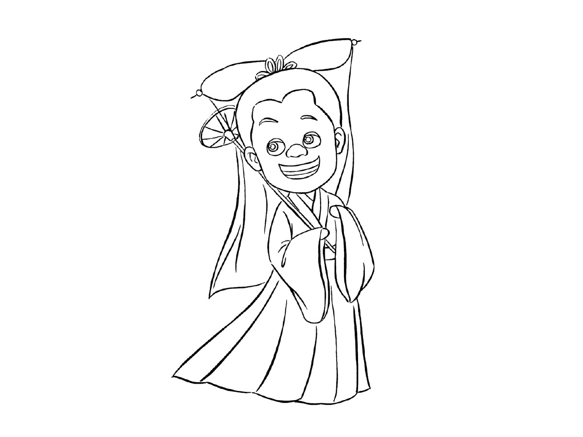 步骤7：画头上的纱和伞柄。