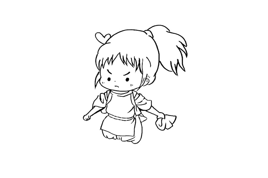 步骤9：先画衣服前面的那一块，再画裤子，注意裤头的地方还有右边手下面的小小细节。