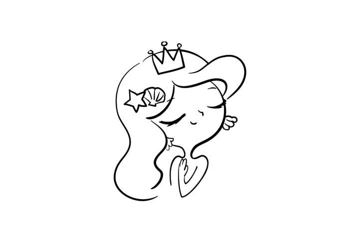 步骤4：画出肩膀和手臂 在头发上画上装饰的 小海星和小贝壳。