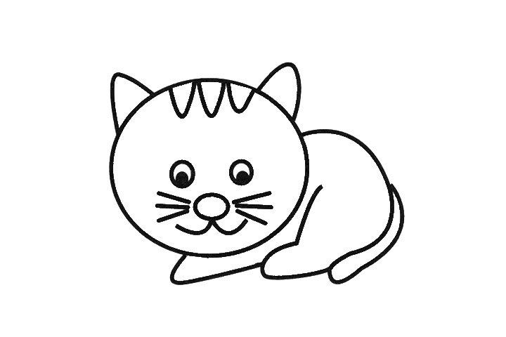 步骤4：接着画出小猫大大大的眼睛， 还有微笑着的嘴巴， 再画出两颊的胡须。