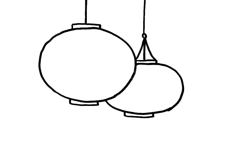 步骤3：继续画灯笼上面的和下面的长条形，还有上面的线。