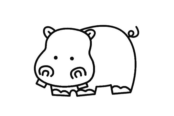 步骤4：接着画出河马眯着的眼睛， 还有张开着的嘴巴。 这样整个河马的雏形就有了。