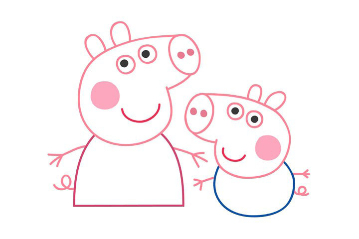 步骤6：画佩奇和乔治的五官和乔治的身体、双手和尾巴。