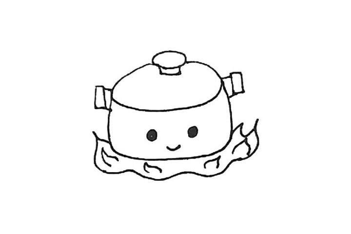 步骤6：火焰里再加上一点曲线作为装饰，煮锅上还能画上眼睛嘴巴，看起来更可爱。