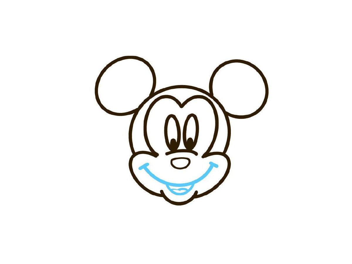 步骤5：画大大的嘴巴，米奇可是很爱笑的哦。