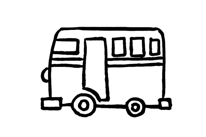 步骤5：我们在车头部分给公交车画上圆圆的车灯。然后在两个车轮中间画两个圆形，丰富后的公交车轮更逼真呢!