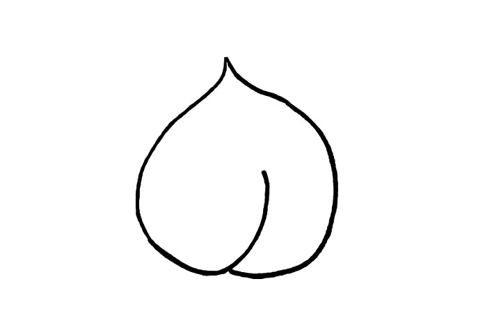 步骤2：在右边再画一个半圆的弧形连接上一步的`鱼钩`半圆的弧形，要从`鱼钩`半圆的下边画哦，哇!轻松两步桃子的轮廓就完成啦。