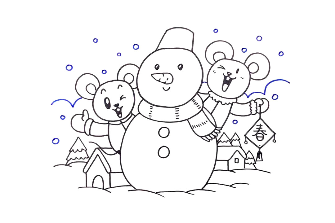 步骤5：画一些雪地、房子、雪松作为背景。