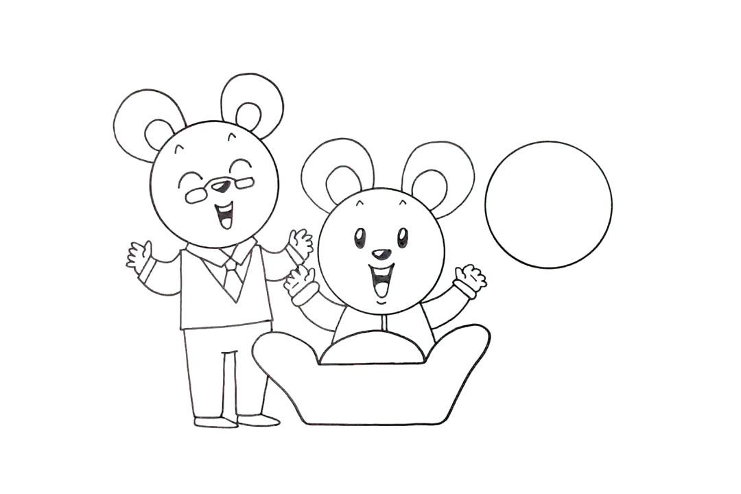 步骤4：左边圆形画出带眼睛的老鼠爸爸。