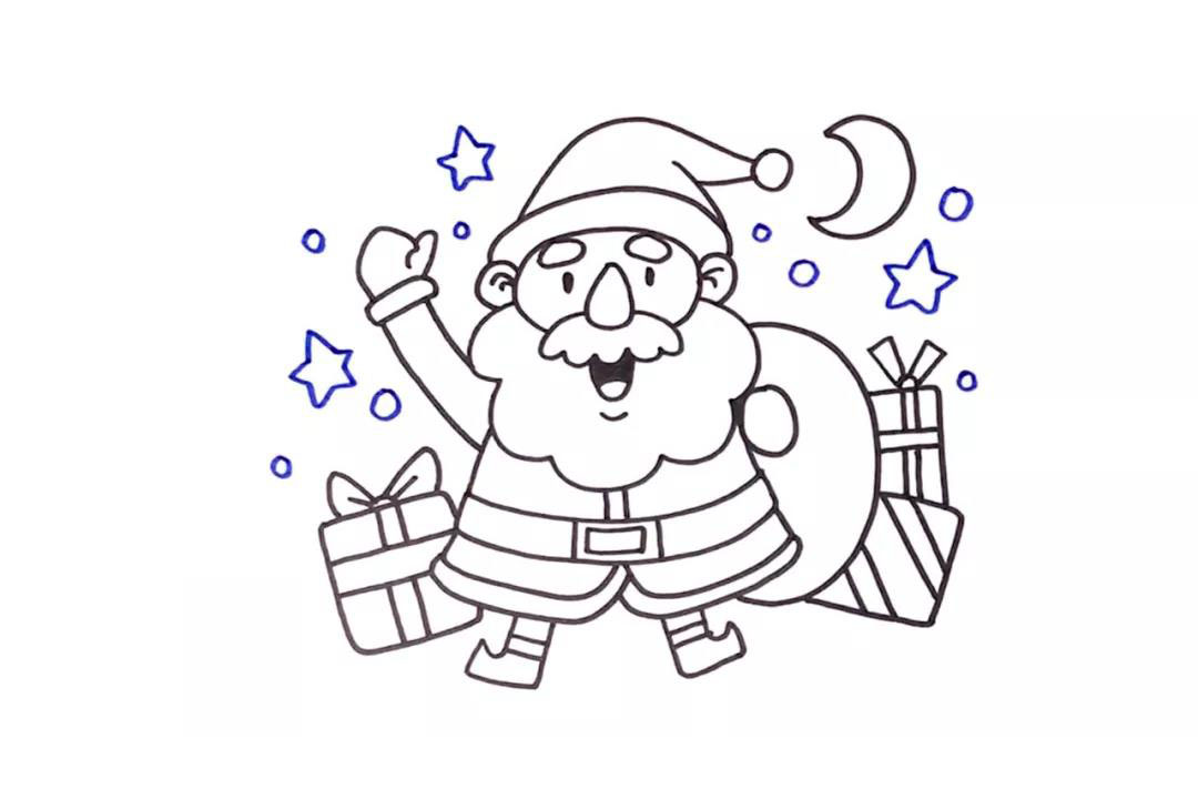 步骤4：在他的背后画出一些礼物、星星和月亮作为背景。