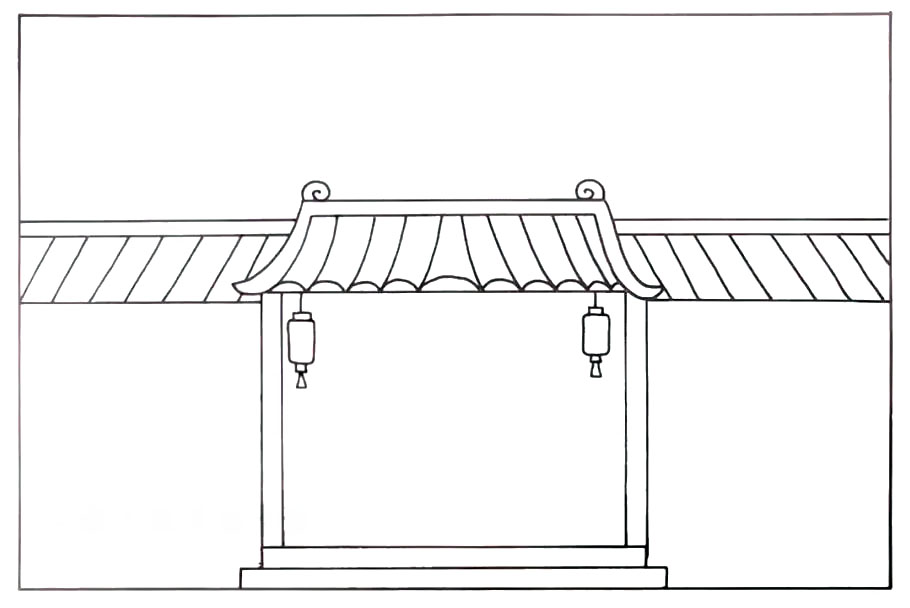 步骤3：门头画出两盏挂着的灯笼，左右两边画上院墙