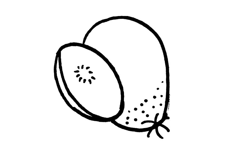 步骤6：然后在它的果皮上，画上一些的大小不一样的小黑点作为猕猴桃上面的毛毛。小盆友们可以仔细观察一下，猕猴桃上是不是真的有一层浓密的毛毛哦!