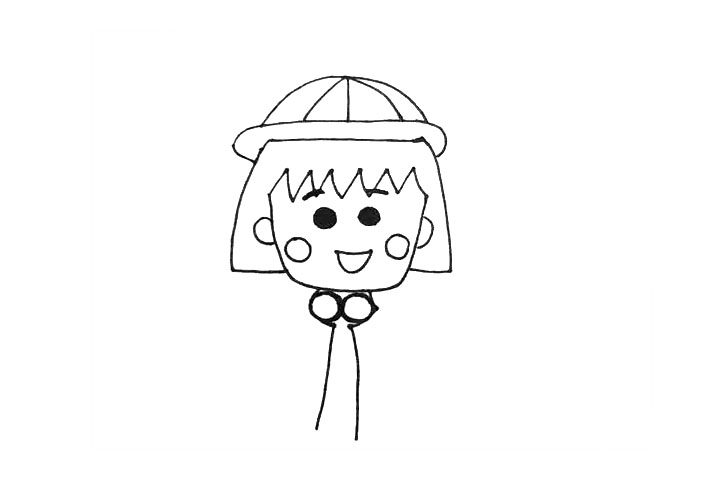 步骤4：然后是画衣领和衣服两边的一小部分，脖子上还有两个小圆。