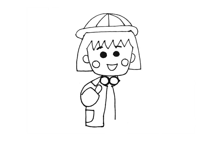 步骤5：完善肩膀的背包肩带和手的部分以及左半边的衣服和口袋。