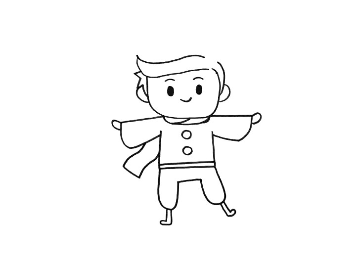 步骤6：连接上半身就越是两条腿了，还有两只没穿鞋的脚丫子，把掉下来的一半围巾完善。