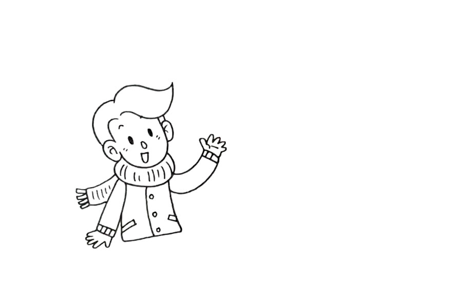 步骤2：接着画他的身体和胳膊。