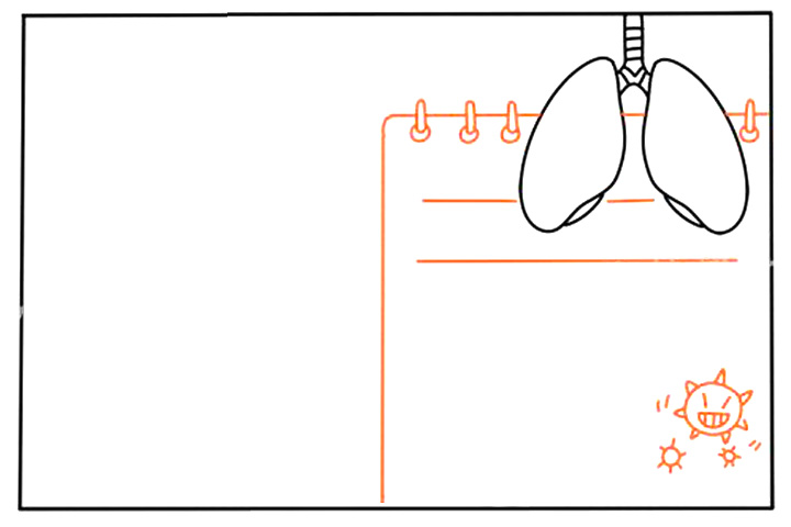 步骤2：下面画出一个文字框，然后画一些冠状病毒的小图形。