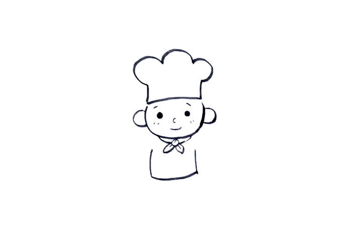 步骤6：然后我们再画上他身上的衣服，厨师的衣服都是白色的，因为白色代表着干净整洁