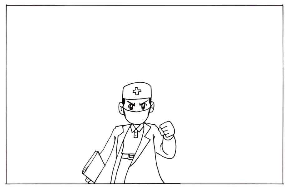 步骤1：首先在正下方画出一位戴着口罩的医生。