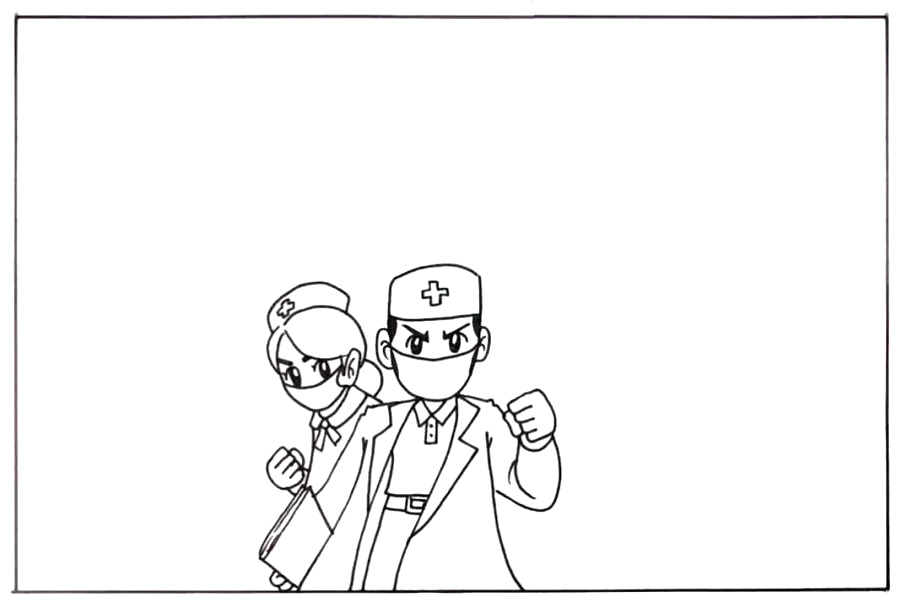 步骤2：在他的背后画出一位美丽的护士。