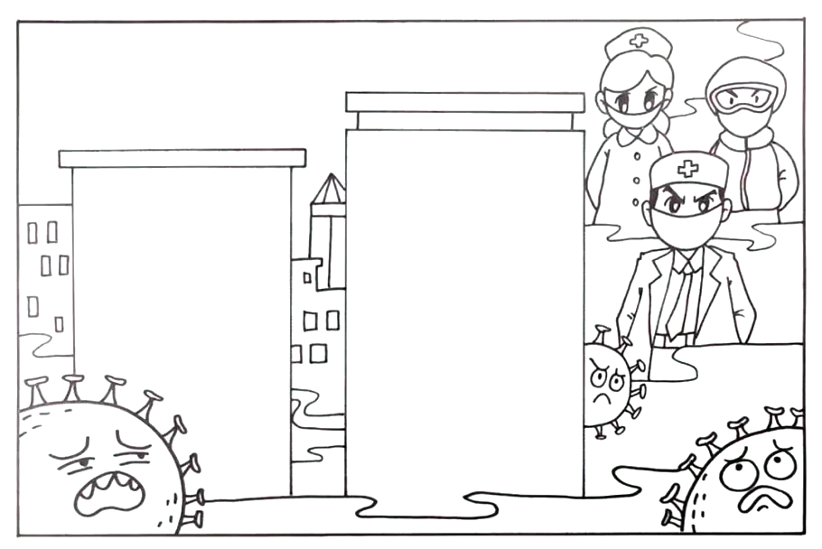 步骤4：画一些医生、护士、医院建筑物作为背景。