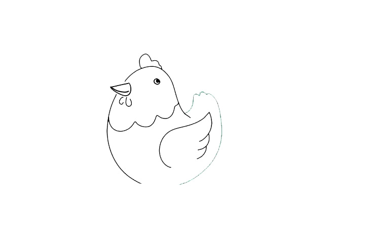 步骤6：然后画出母鸡的尾巴，尾巴向上翘起呈波浪状。