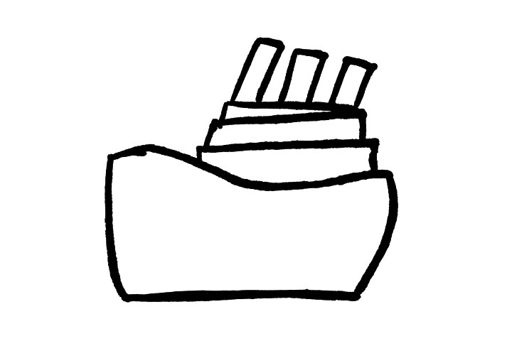 步骤3：画到这里聪明的小朋友们是不是知道下一步要画轮船顶部的高高的烟囱了呢?并排画三个长短不一样的长方形就OK啦~轮船有了高高的烟囱我们就能在一望无际的大海洋上一眼就发现它哦~