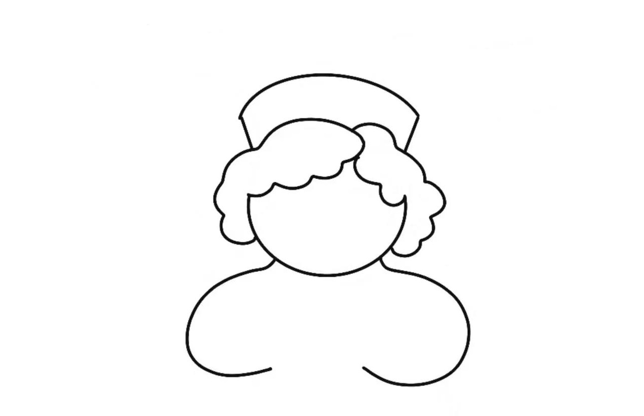 步骤2：画上她的帽子、头发、手臂。