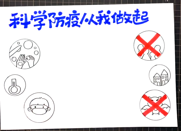步骤2：在下方左右两边画出一些有关科学防疫的图形如：勤洗手、常通风、不聚集、拒绝野味等。