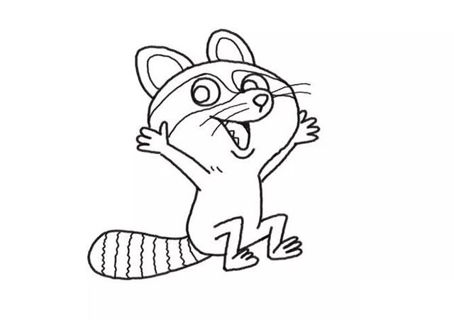 步骤5：画出小浣熊的胡须和尾巴花纹。