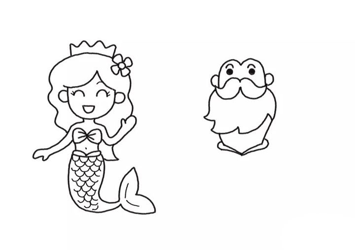 步骤4：画人鱼国王的脸部和胡子轮廓。