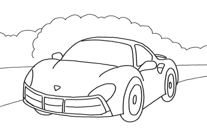 步骤6：画出车后的树木和路面轮廓。